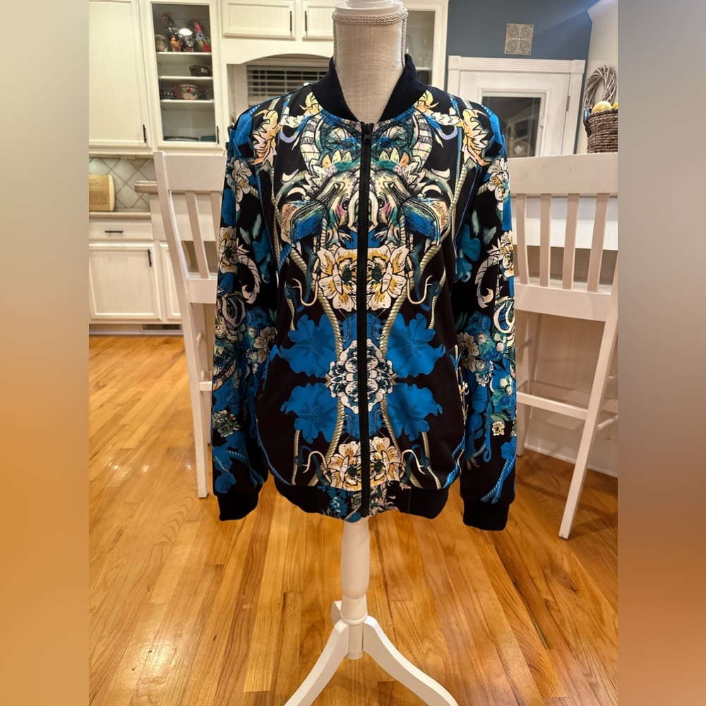 Pantora Florence blue and black floral paisley bomber jacket